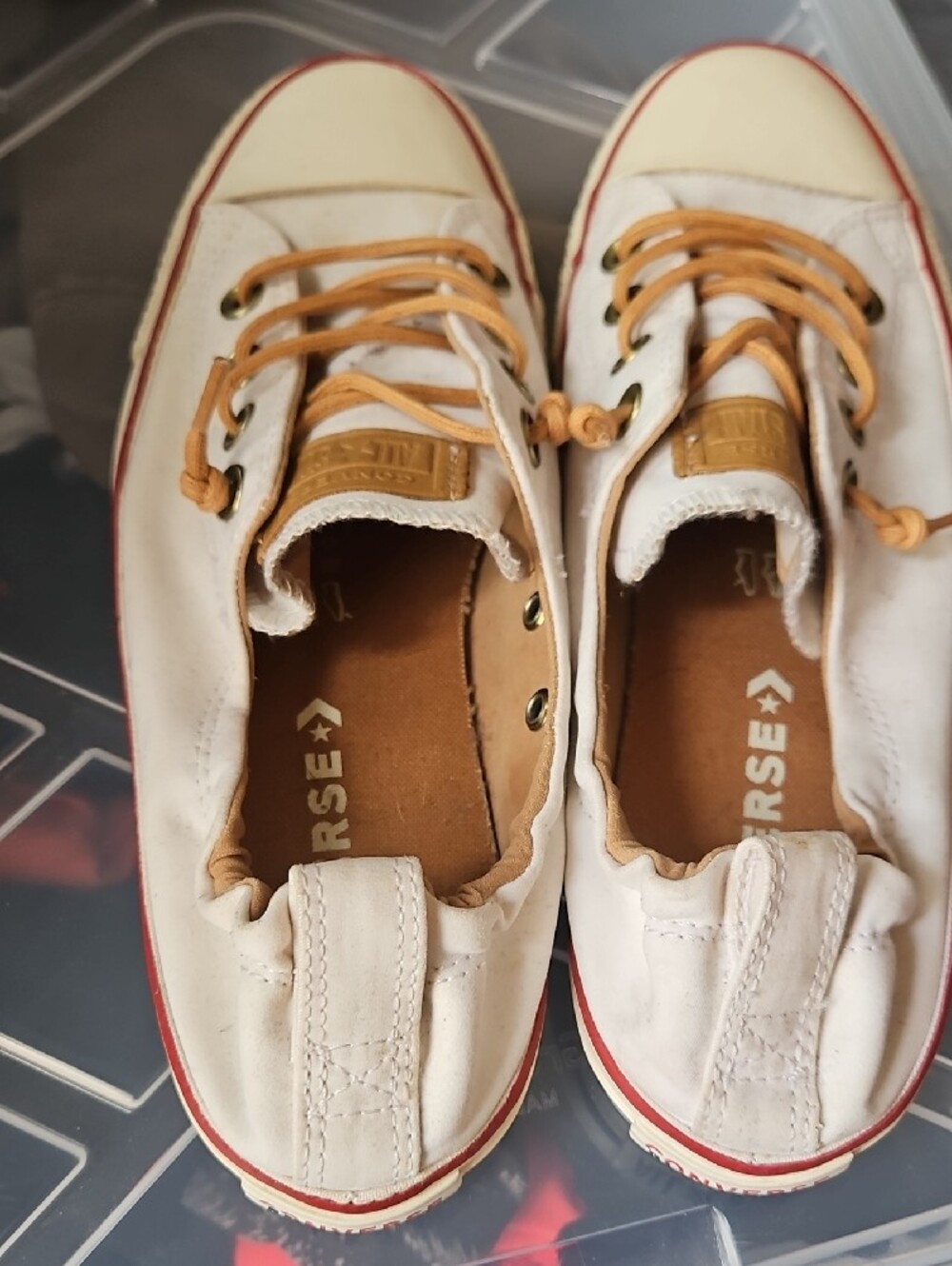 Converse White Canvas Low-Top Sneakers with Red Stripe and Tan Laces (11-1) - Picture 3 of 4
